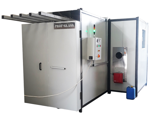 Piec do polimeryzacji farby proszkowej z transportem górnym, trawersy górne, piec zasilany olejem opałowy, lakiernia proszkowa